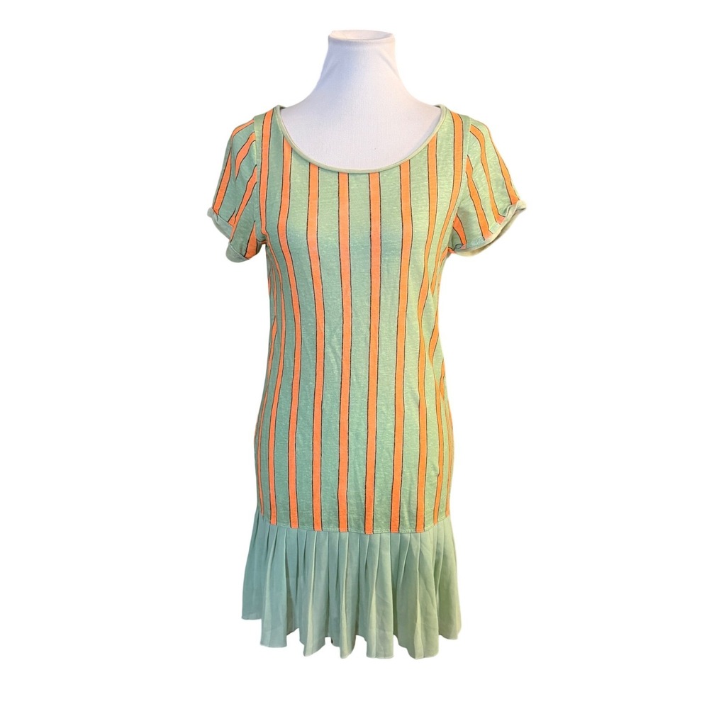 Sandro Striped Drop Waist Dress Womens 4 Green Orange Pleated Mini Summer